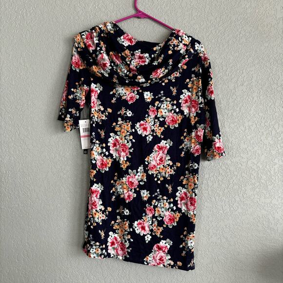 Flutter and Kick Maternity Shirt Large Blue Pink Floral Cowl Neck 3/4 Sleeve - Picture 7 of 7